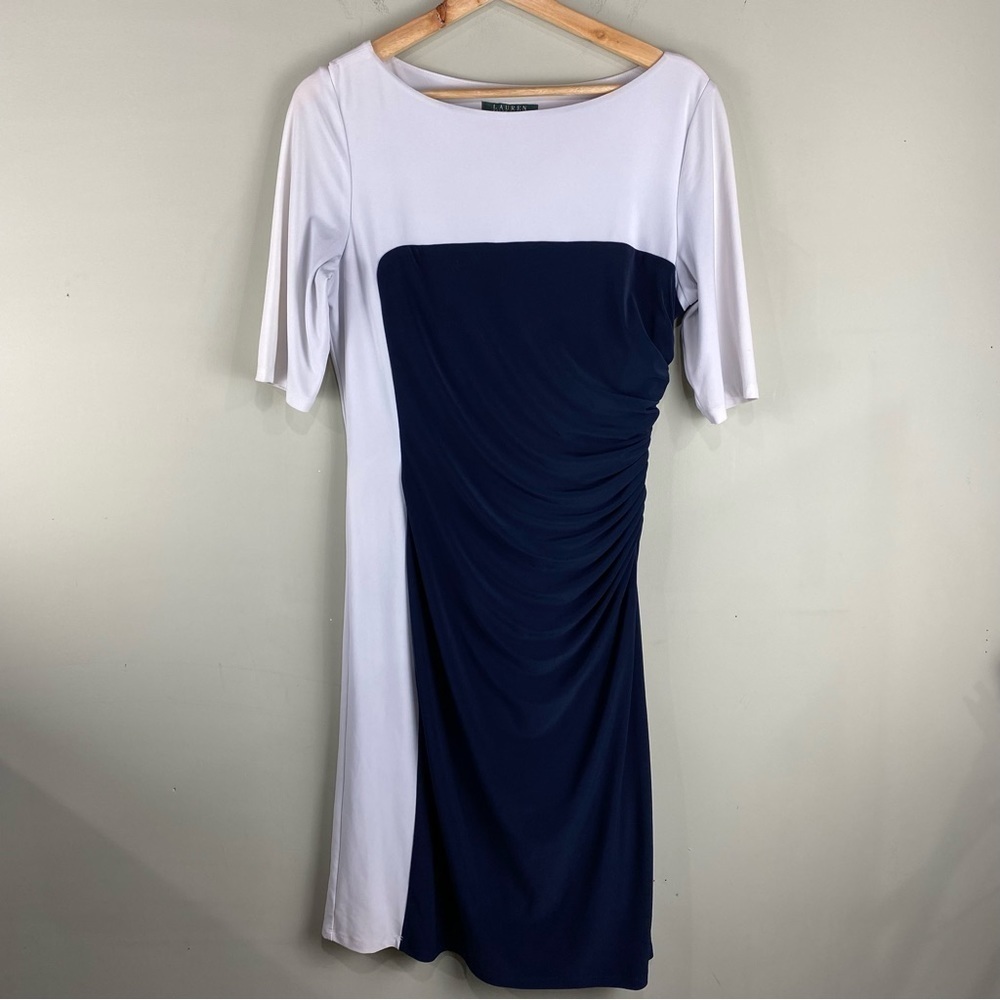 Lauren Ralph Lauren Stretchy Colorblock 1/2 Sleeve‎ Slip Midi Dress Size 10